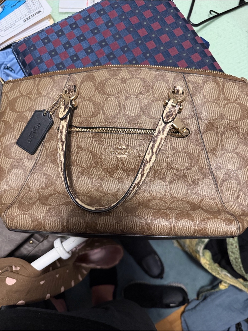 Coach Tan Signature Canvas Satchel with Gold Hardware